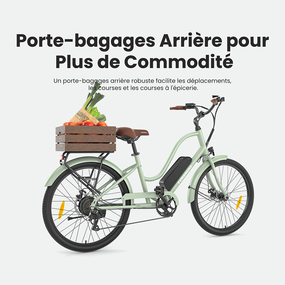 Touroll B2 Vélo électrique, moteur 250 W, batterie 36 V 15,6 Ah, pneus 26 x 2,25 pouces, vitesse maximale 25 km/h, autonomie 100 km, frein à disque et frein électrique, Shimano 7 vitesses, écran LED