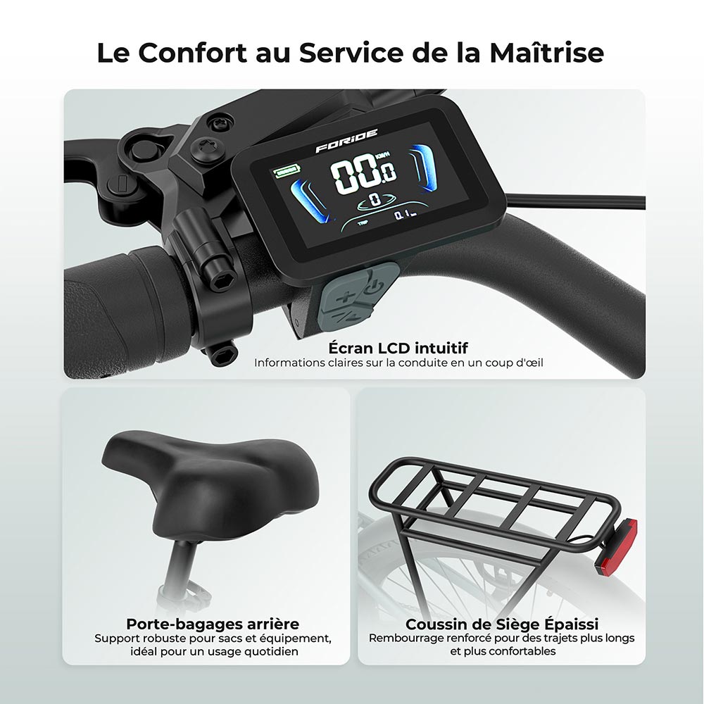 Foride Urbano 1 Vélo électrique, moteur central 250 W, batterie 36 V 13 Ah, pneus 26 pouces, vitesse maximale 25 km/h, autonomie 110 km, freins à disque hydrauliques, fourche à suspension avec blocage, transmission Shimano 7 vitesses