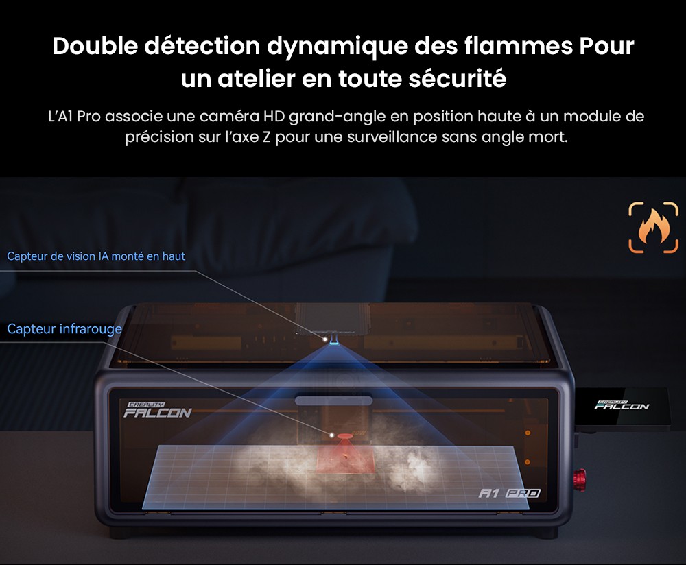 Creality Falcon A1 Pro Graveur laser, 20W bleu et 2W IR, caméra IA, vitesse élevée de 600 mm/s, écran tactile 4,3 pouces, 358x268mm, gris