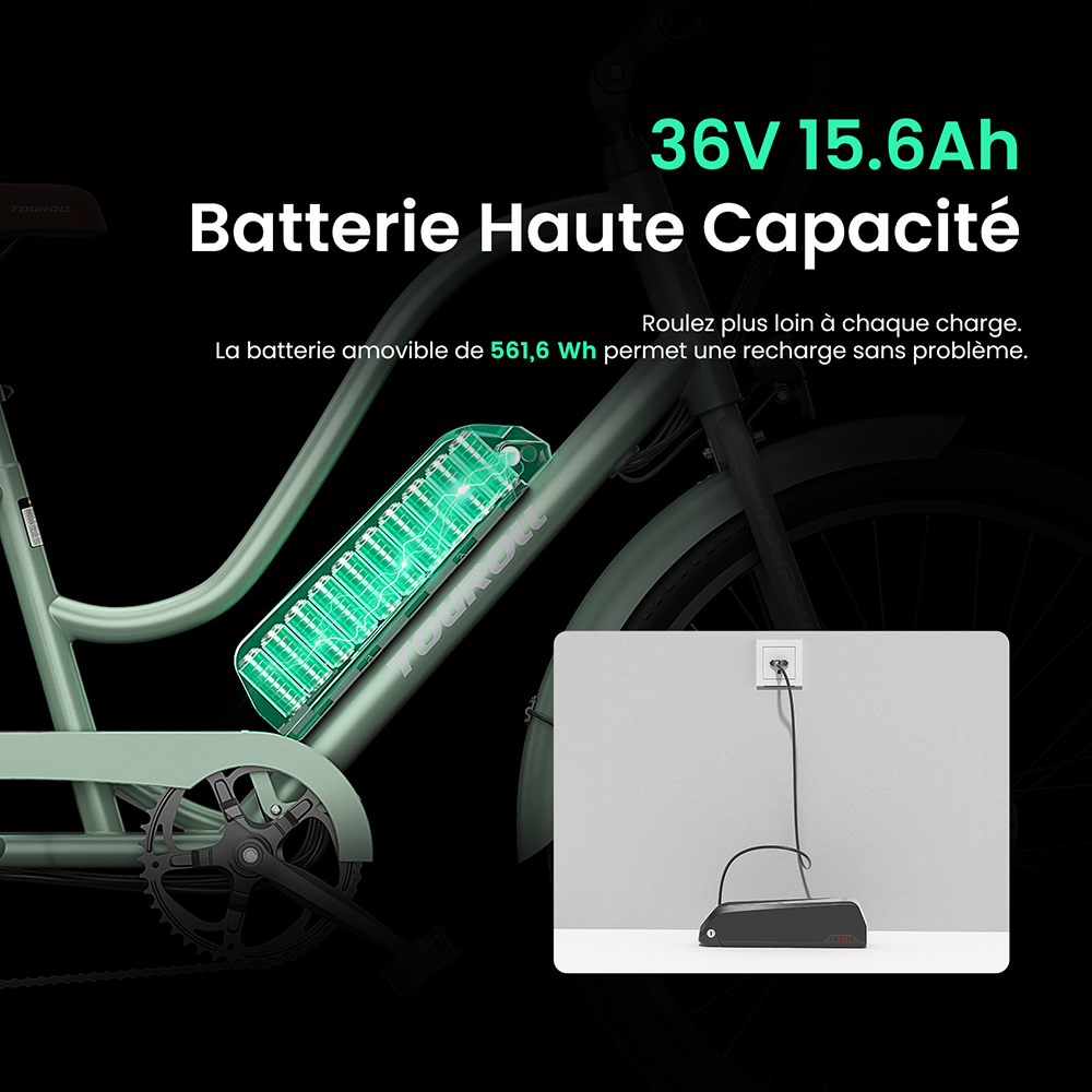Touroll B2 Vélo électrique, moteur 250 W, batterie 36 V 15,6 Ah, pneus 26 x 2,25 pouces, vitesse maximale 25 km/h, autonomie 100 km, frein à disque et frein électrique, Shimano 7 vitesses, écran LED