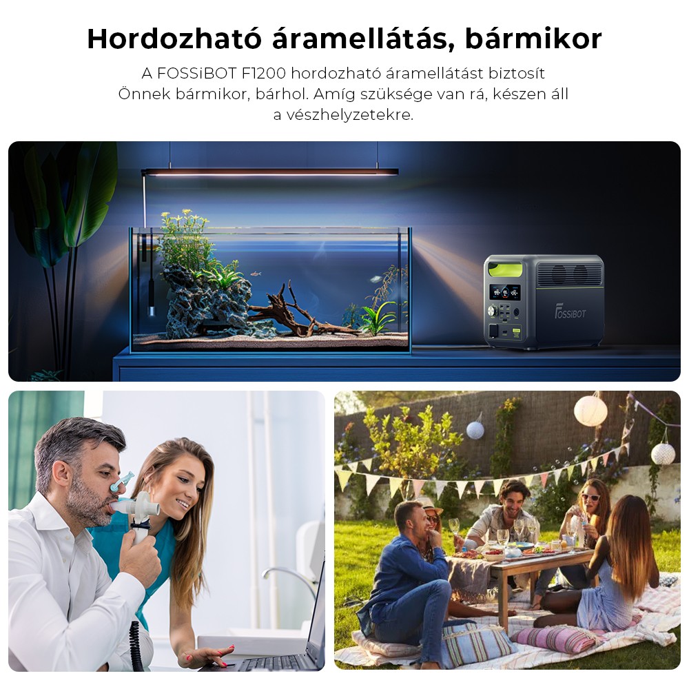 FOSSiBOT F1200 Hordozható Erőmű, 1024 Wh Kapacitás, 1200 W Névleges Teljesítmény, 3 LED Világítási Mód, 7 Kimeneti Port, BMS Védelem, <10 ms Átkapcsolás, 5 Fokozatú Bemeneti Szabályozó, EV Minőségű LiFePO4 Akkumulátor, 4000+ Ciklusidő