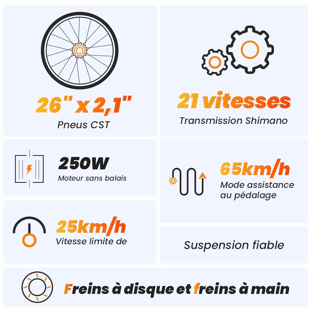 Vélo VTT électrique tout-terrain Touroll U1 26 pouces avec moteur 250 W, batterie amovible 36 V 13 Ah, autonomie maximale de 65 km, transmission Shimano 21 vitesses, frein à disque Shimano 21 vitesses, étanchéité IPX4 - Noir