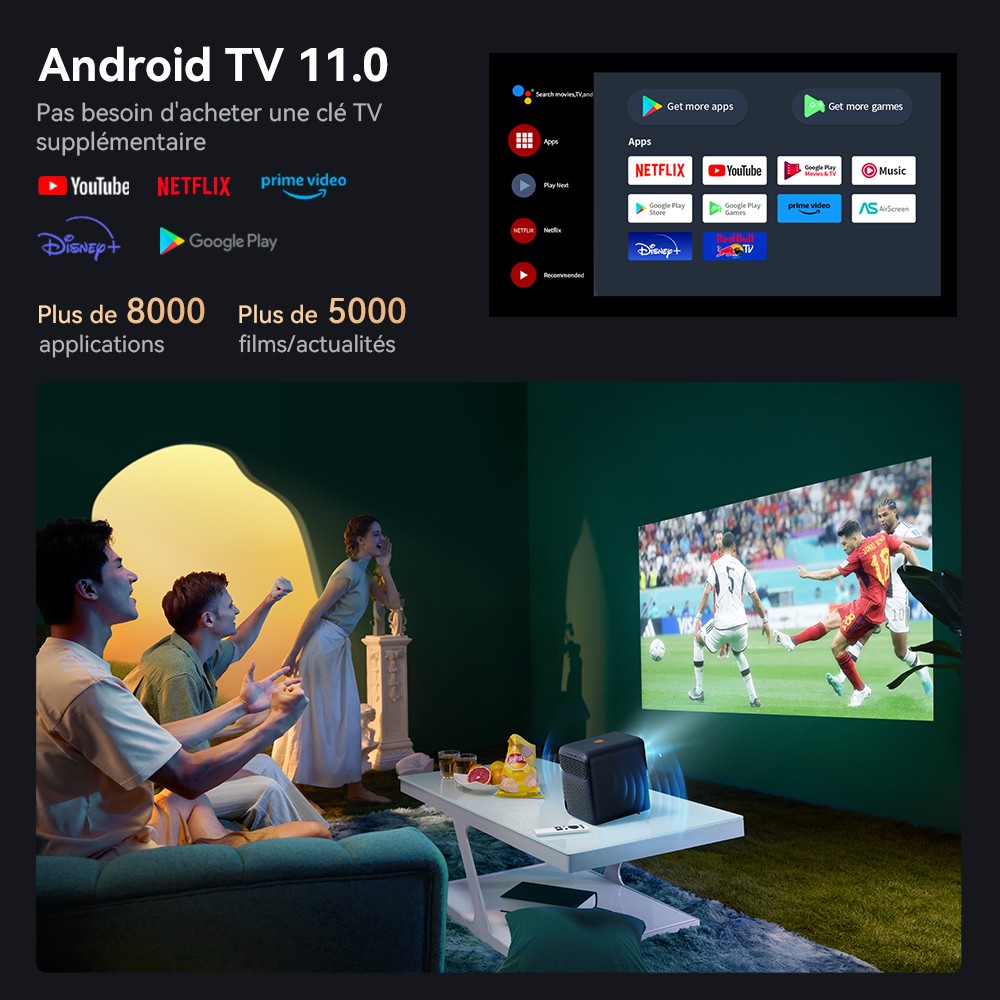 Projecteur LCD Wanbo Mozart 1 Pro, 900 ANSI, 1080P natif, Android TV 11, mise au point automatique, évitement d'objets - Prise UE