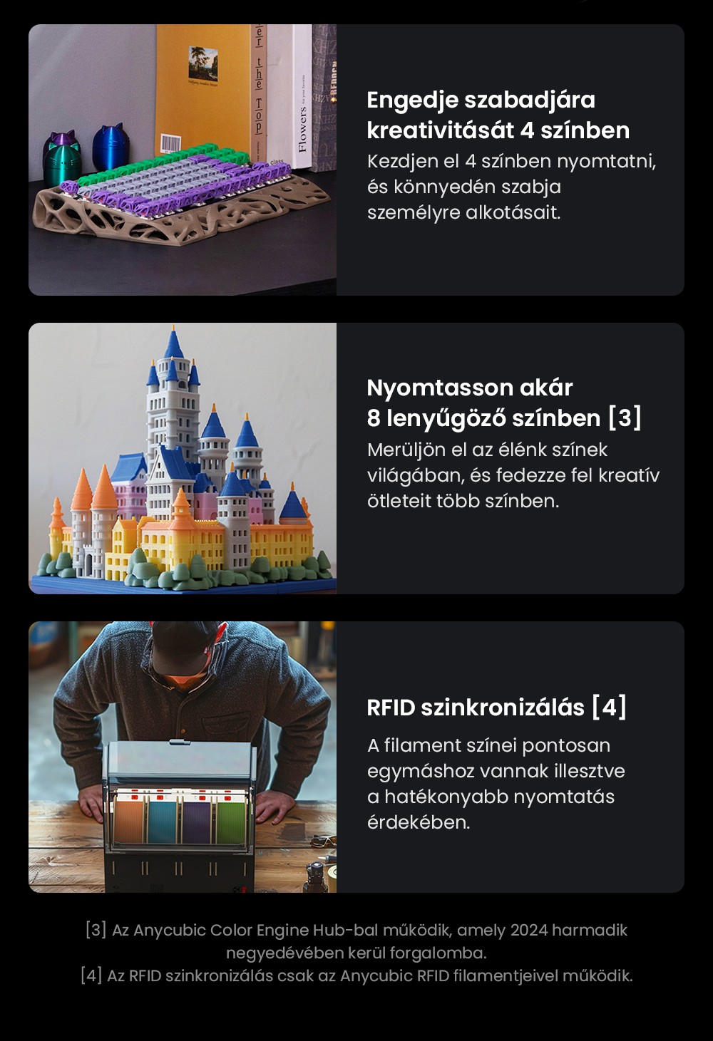 ANYCUBIC KOBRA 3 COMBO 3D nyomtató, ACE Pro-val, Max. 600 mm/s sebesség, Kettős PTC fűtőrendszer, Intelligens többszínű nyomtatás, Automatikus szintezés, Fúvóka eltömődés-észlelés, Bővíthető méret 250x250x260mm
