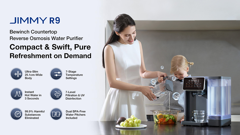 JIMMY R9 Countertop Reverse Osmosis Water Purifier, 7 Stage Purification with Remineralization & UV, 3s Instant Heat, 7 Temps, 3:1 Pure to Drain, Portable Water Purifier Countertop for Kitchen, Office