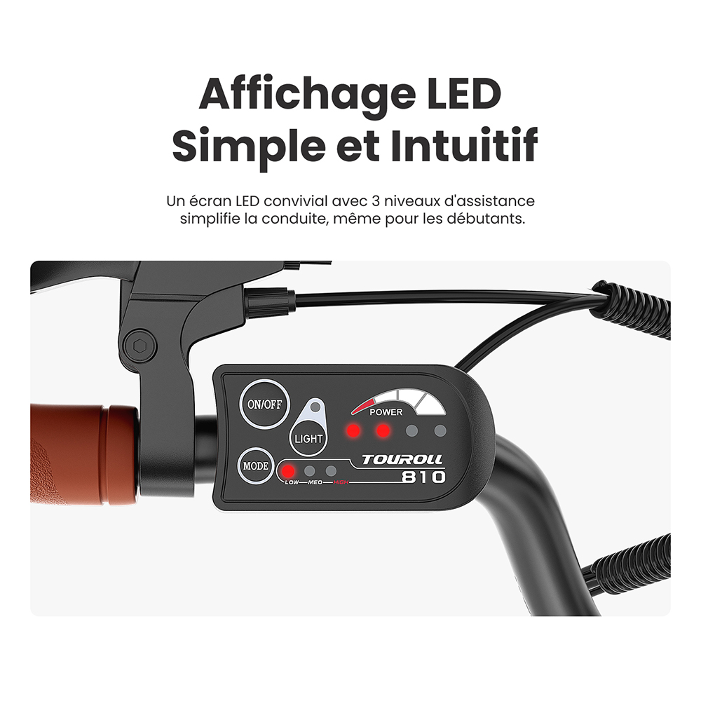 Touroll B2 Vélo électrique, moteur 250 W, batterie 36 V 15,6 Ah, pneus 26 x 2,25 pouces, vitesse maximale 25 km/h, autonomie 100 km, frein à disque et frein électrique, Shimano 7 vitesses, écran LED