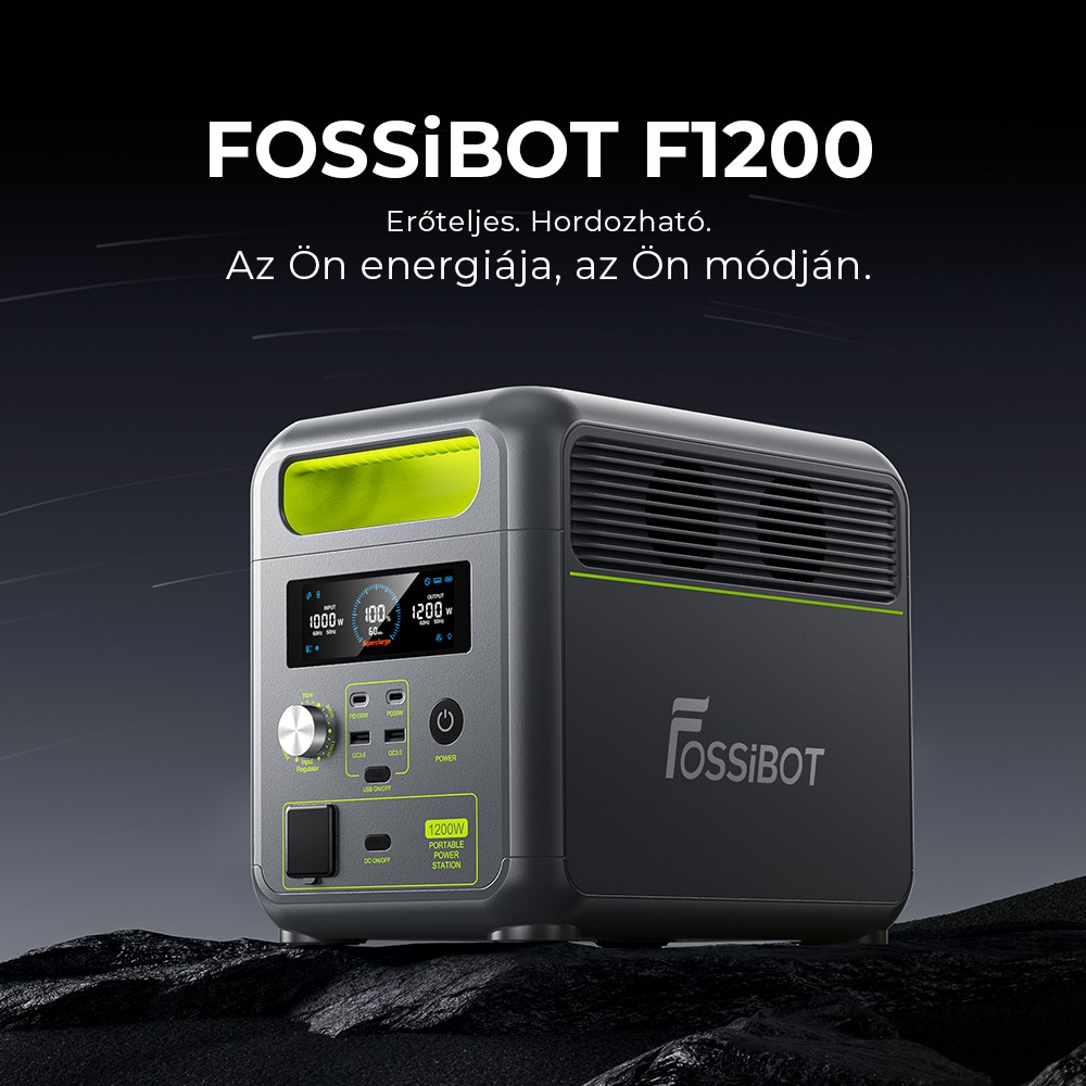 FOSSiBOT F1200 Hordozható Erőmű, 1024 Wh Kapacitás, 1200 W Névleges Teljesítmény, 3 LED Világítási Mód, 7 Kimeneti Port, BMS Védelem, <10 ms Átkapcsolás, 5 Fokozatú Bemeneti Szabályozó, EV Minőségű LiFePO4 Akkumulátor, 4000+ Ciklusidő