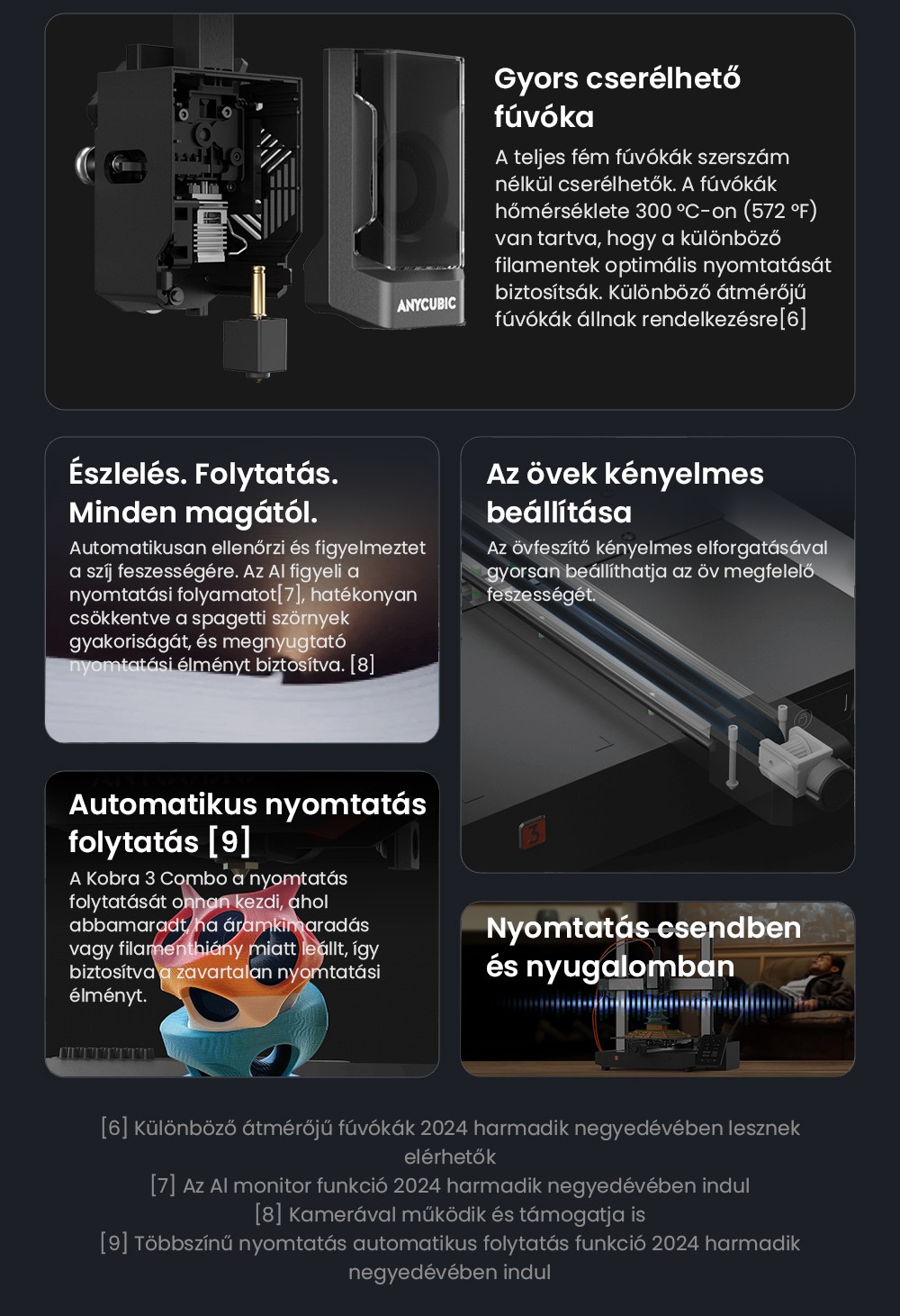 ANYCUBIC KOBRA 3 COMBO 3D nyomtató, ACE Pro-val, Max. 600 mm/s sebesség, Kettős PTC fűtőrendszer, Intelligens többszínű nyomtatás, Automatikus szintezés, Fúvóka eltömődés-észlelés, Bővíthető méret 250x250x260mm
