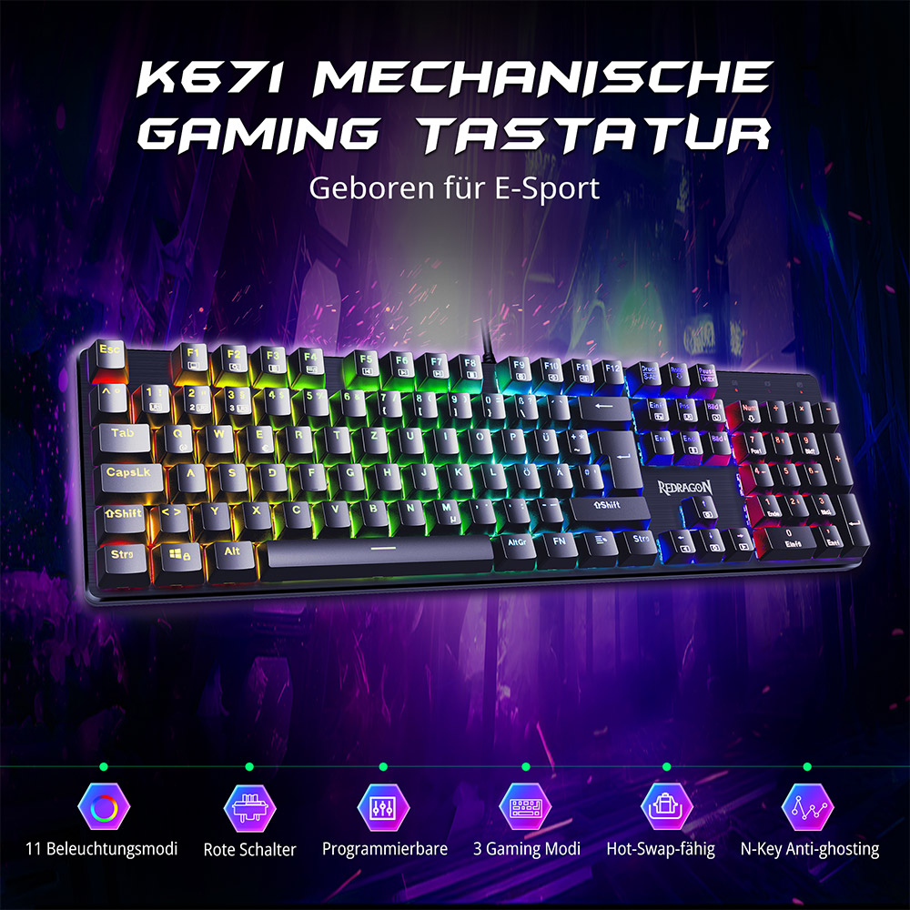 Redragon K671-DE Mechanikus Gaming Billentyűzet, 105 Gombos Teljes Méret, DE QWERTZ Kiosztás, USB-C Vezetékes, Hot-Swap Kapcsolók, RGB Háttérvilágítás, Anti-Ghosting, Kompatibilis Windows/macOS, Játékhoz és Irodához