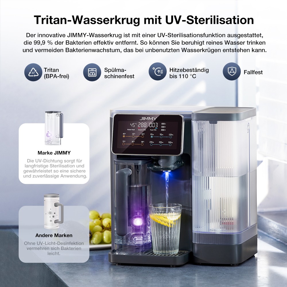 JIMMY R9 Tisch-Reverse-Osmose-Wasserfilter, 7-Stufen + UV + Remineralisierung, 3s Heißwasser, 7 Temperaturen, 3:1 Verhältnis, Grau