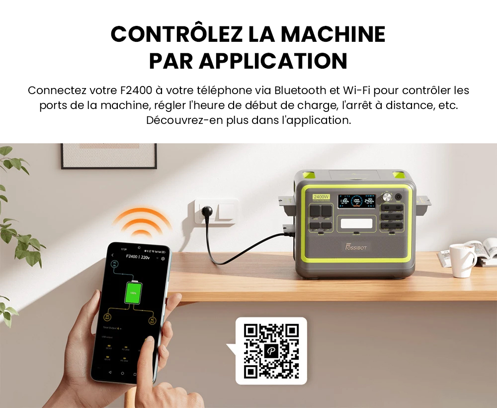 FOSSiBOT F2400 Centrale électrique portable, batterie LiFePO4 2048 Wh, générateur solaire de sortie 2400 W, 3 prises AC RV Car USB Type-C QC3.0 PD DC5521 à onde sinusoïdale pure, charge rapide en 1,5 heure, bouton de réglage de la puissance d'entrée, onduleur bidirectionnel - Vert