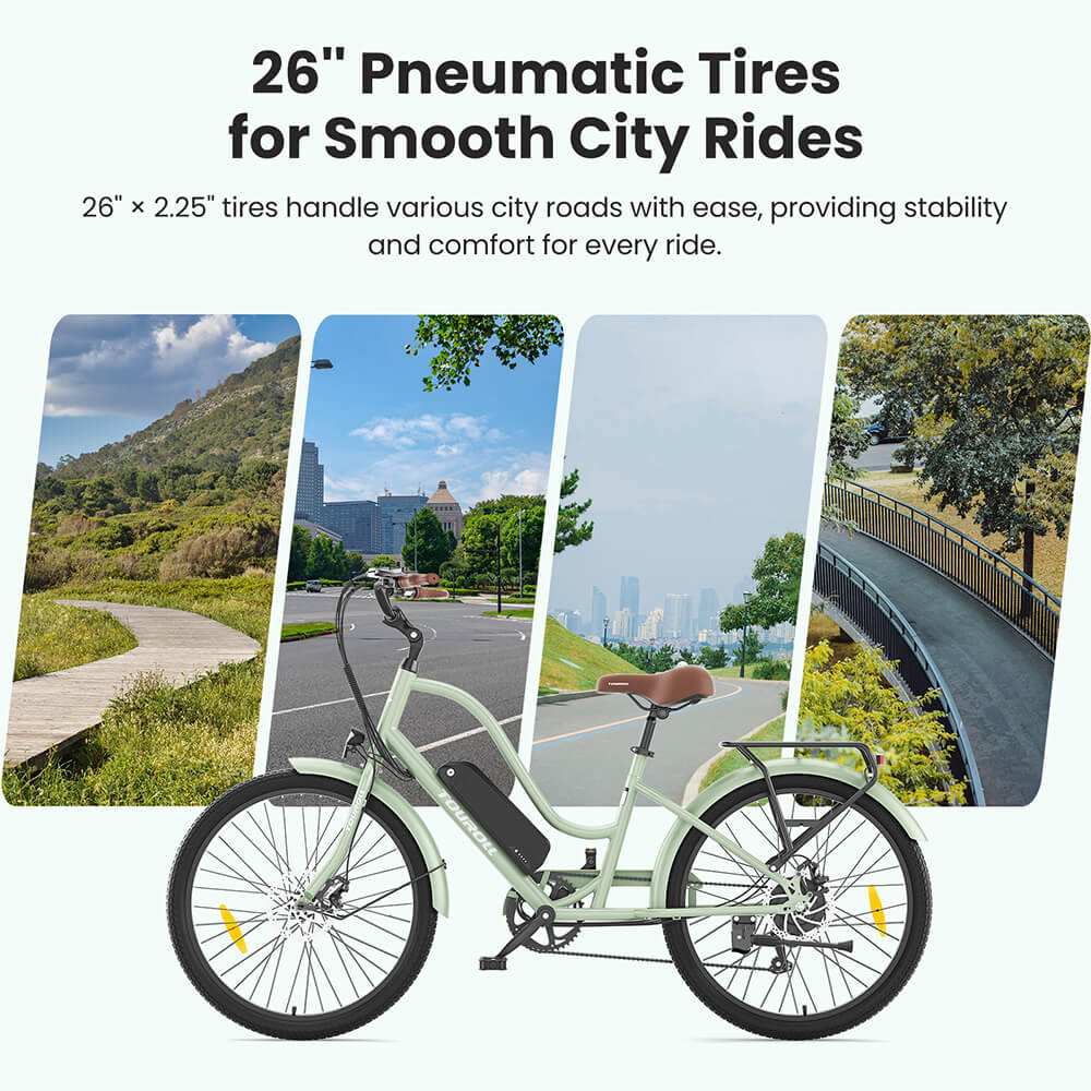 Touroll B2 Electric Bike, 250W Motor, 36V 15.6Ah Battery, 26*2.25 inch Tires, 25km/h Max Speed, 100km Range, Disc Brake & E-Brake, Shimano 7-speed, LED Display