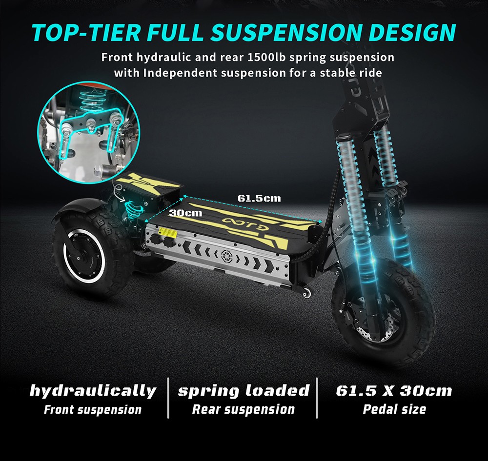 OOTD T30 Folding Electric Scooter, 1600W*2 Motor, 60V 31.2Ah Battery, 13 inch Off-road Tires, 65km/h Max Speed, 100km Max Range, Hydraulic Disc Brakes, Front Hydraulic & Rear Spring Suspension, 200kg Max Load