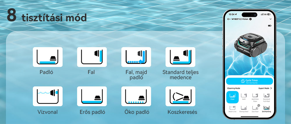 WYBOT C2 Vision vezeték nélküli medence robotporszívó, törmelékérzékelés AI kamerával, 8 az 1-ben fő tisztítás, kétrétegű szűrés, kefe nélküli motorok az erőteljes szívóerőért, akár 184 m²-es medencékhez, fekete-zöld
