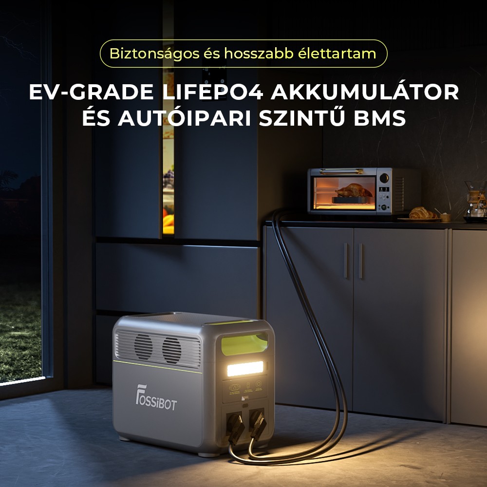 FOSSiBOT F1200 Hordozható Erőmű, 1024 Wh Kapacitás, 1200 W Névleges Teljesítmény, 3 LED Világítási Mód, 7 Kimeneti Port, BMS Védelem, <10 ms Átkapcsolás, 5 Fokozatú Bemeneti Szabályozó, EV Minőségű LiFePO4 Akkumulátor, 4000+ Ciklusidő