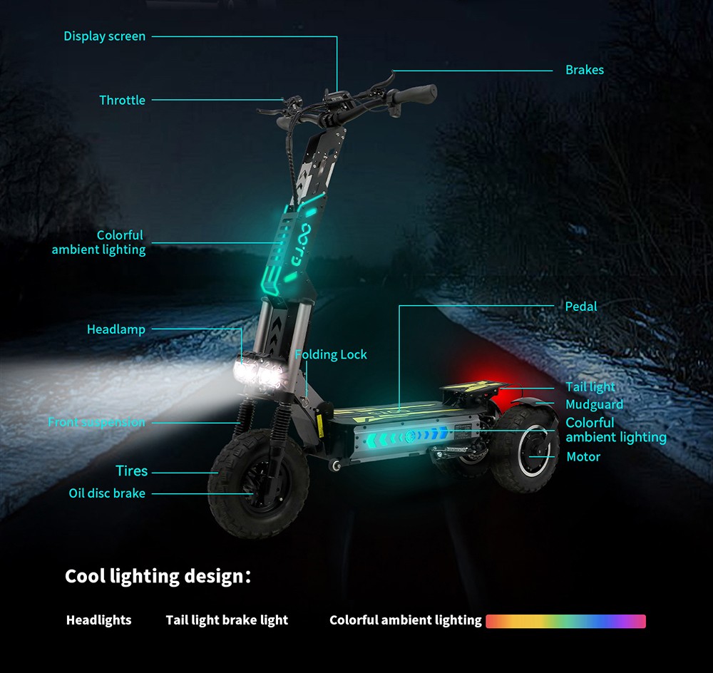 OOTD T30 Összecsukható Elektromos Roller, 1600W*2 Motor, 60V 31.2Ah Akkumulátor, 13 colos Terepjáró Gumiabroncsok, 65km/h Max. Sebesség, 100km Max. Hatótávolság, Hidraulikus Tárcsafékek, Elöl Hidraulikus & Hátul Rugós Felfüggesztés, 200kg Max. Terhelhetőség