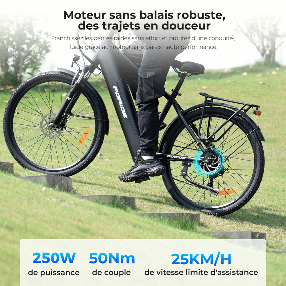 Foride Roamer 1 Vélo électrique à enjambement, moteur 250 W, batterie 36 V 13 Ah, pneus 27,5 pouces, vitesse maximale 25 km/h, autonomie maximale 100 km, frein à disque, suspension avec blocage, transmission Shimano 7 vitesses