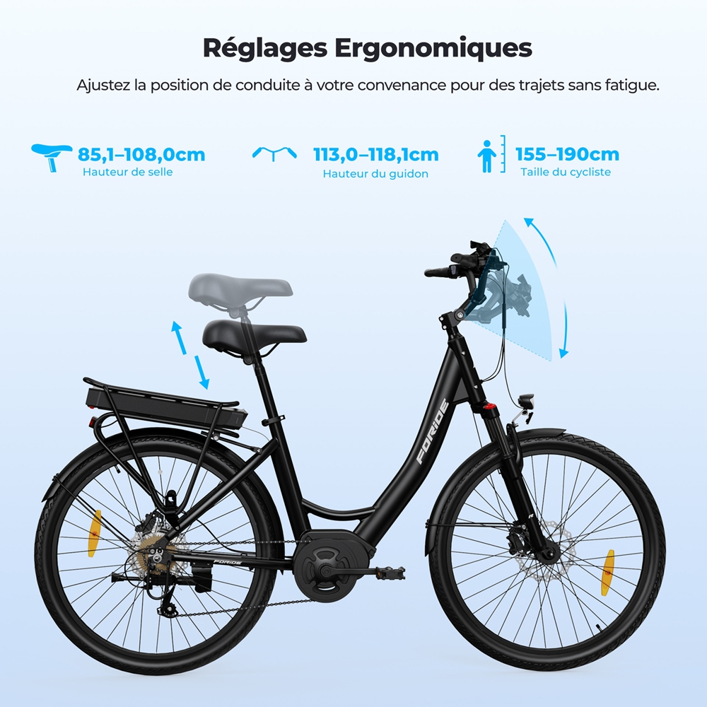 Foride Urbano 2 Vélo électrique, moteur central 250 W, batterie 36 V 13 Ah, pneus 26 pouces, vitesse maximale 25 km/h, autonomie 100 km, frein à disque hydraulique, suspension avec blocage, transmission Shimano 7 vitesses