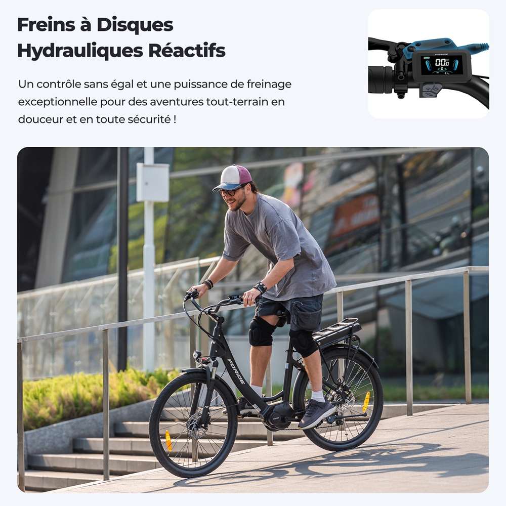 Foride Urbano 2 Vélo électrique, moteur central 250 W, batterie 36 V 13 Ah, pneus 26 pouces, vitesse maximale 25 km/h, autonomie 100 km, frein à disque hydraulique, suspension avec blocage, transmission Shimano 7 vitesses