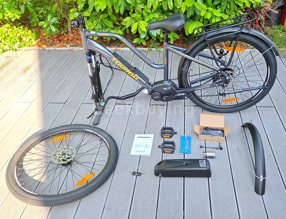 Touroll MA2 Vélo électrique, moteur central 250 W, batterie 36 V 13 Ah, pneus 27,5 pouces, vitesse maximale 25 km/h, autonomie maximale 100 km, frein à disque hydraulique, fourche à suspension avec blocage, transmission Shimano 7 vitesses - Marron