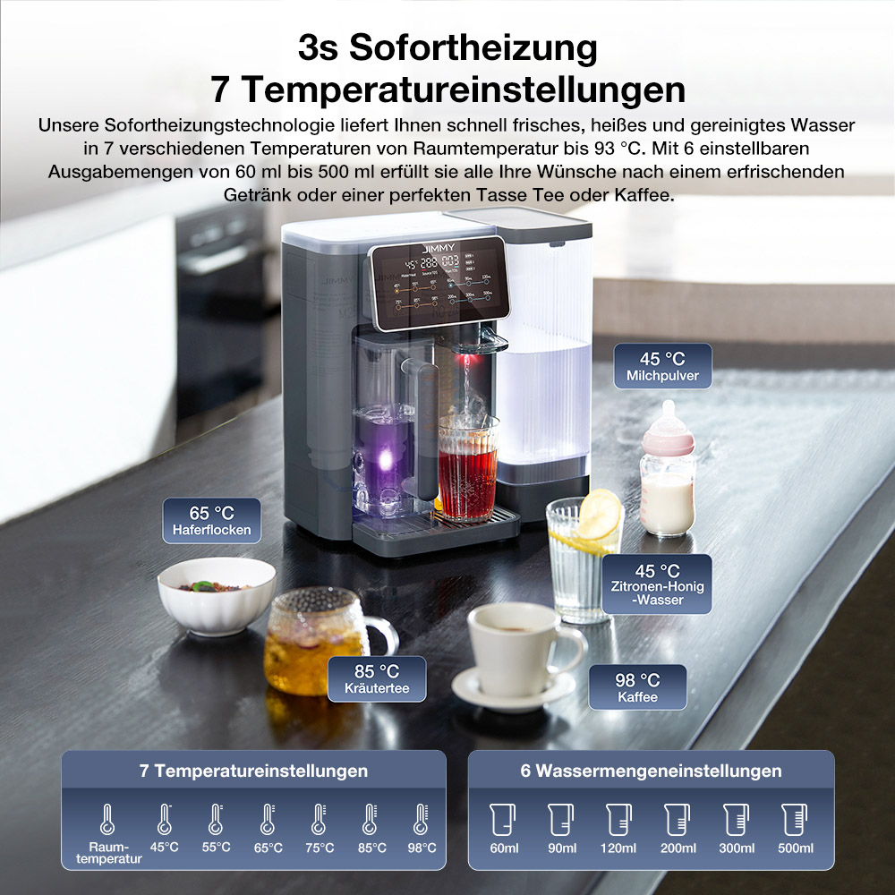 JIMMY R9 Tisch-Reverse-Osmose-Wasserfilter, 7-Stufen + UV + Remineralisierung, 3s Heißwasser, 7 Temperaturen, 3:1 Verhältnis, Grau