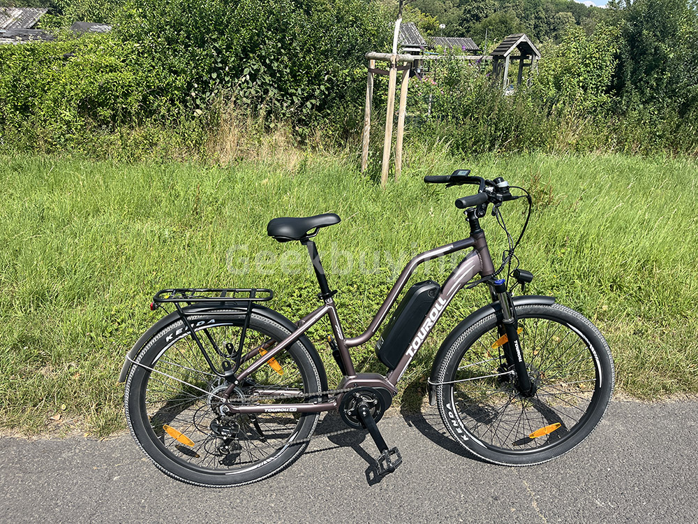 Touroll MA2 Elektrofahrrad, 250W Mittelmotor, 36V 13Ah Akku, 27,5 Zoll Reifen, 25 km/h Höchstgeschwindigkeit, 100 km maximale Reichweite, hydraulische Scheibenbremse, Federgabel mit Verriegelung, Shimano 7-Gang-Schaltung – Braun