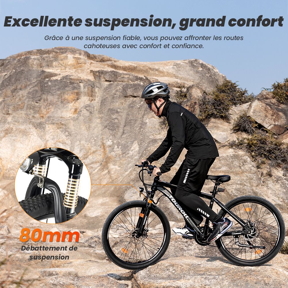 Vélo VTT électrique tout-terrain Touroll U1 26 pouces avec moteur 250 W, batterie amovible 36 V 13 Ah, autonomie maximale de 65 km, transmission Shimano 21 vitesses, frein à disque Shimano 21 vitesses, étanchéité IPX4 - Noir