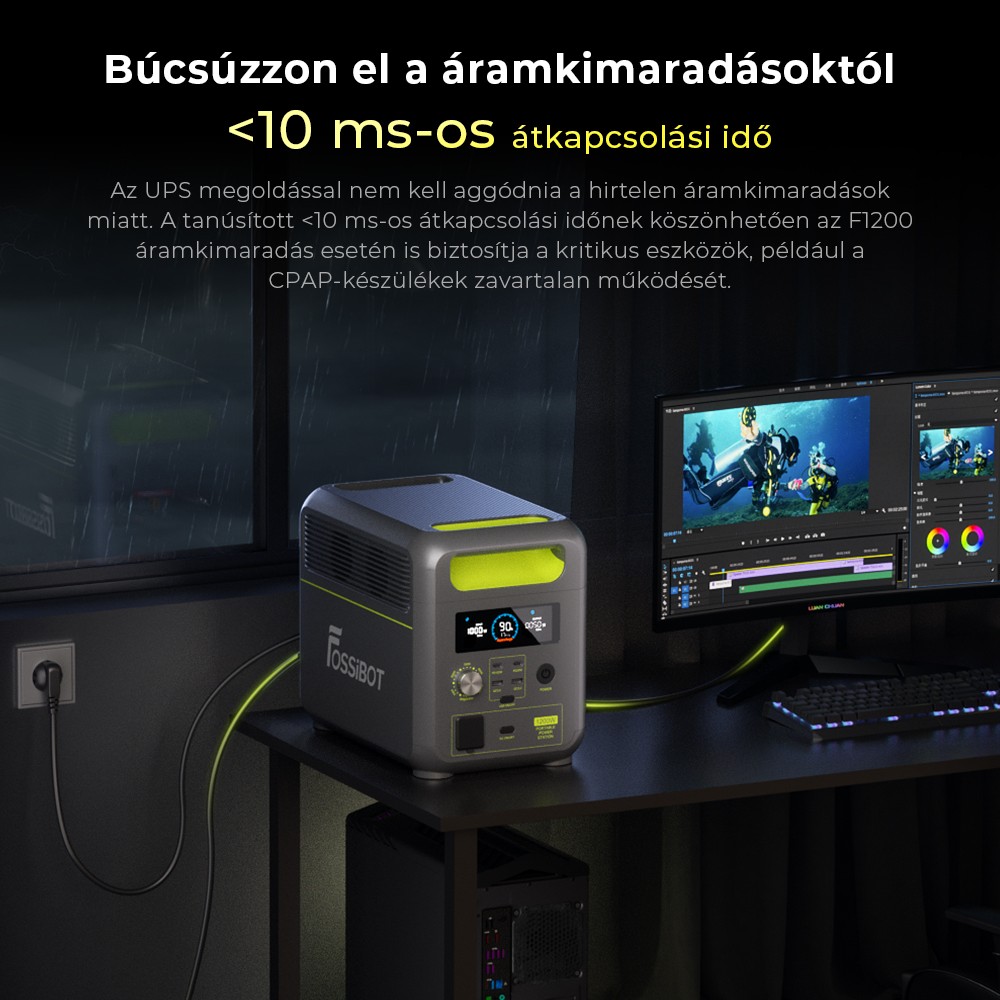 FOSSiBOT F1200 Hordozható Erőmű, 1024 Wh Kapacitás, 1200 W Névleges Teljesítmény, 3 LED Világítási Mód, 7 Kimeneti Port, BMS Védelem, <10 ms Átkapcsolás, 5 Fokozatú Bemeneti Szabályozó, EV Minőségű LiFePO4 Akkumulátor, 4000+ Ciklusidő
