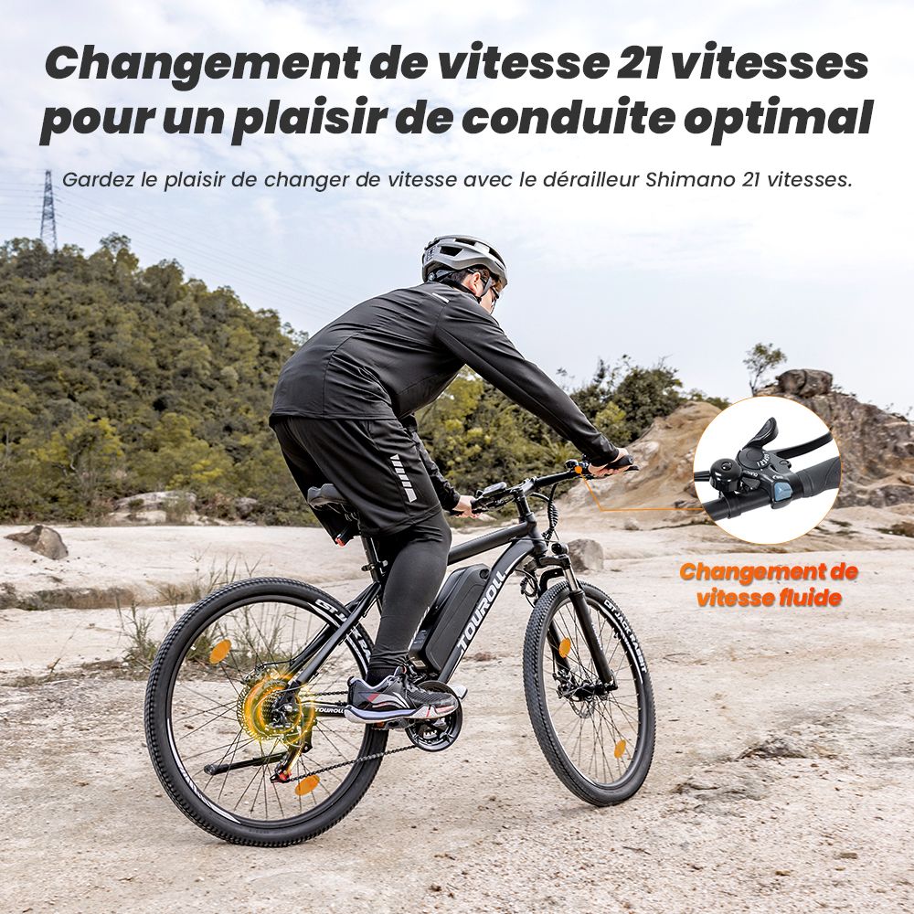 Touroll U1 Vélo électrique, 29 VTT, avec moteur 250W, batterie lithium-ion amovible 13Ah, distance de déplacement maximale de 65KM, pneus tout-terrain 29x2.25'' CST, vitesses Shimano 21 vitesses