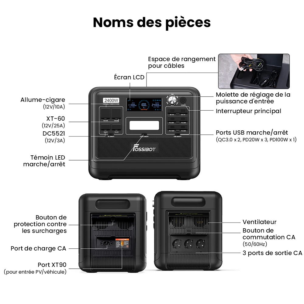Centrale électrique portable FOSSiBOT F2400, batterie LiFePO4 2048 Wh, générateur solaire de sortie 2400 W, 3 prises AC RV Car USB Type-C QC3.0 PD DC5521 à onde sinusoïdale pure, charge rapide en 1,5 heure, bouton de réglage de la puissance d'entrée, onduleur bidirectionnel - Vert