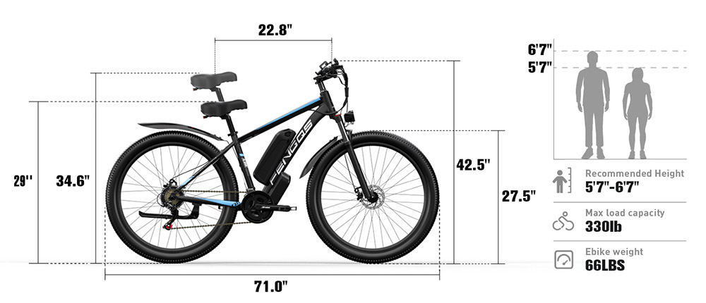 FENGQS Q8 elektromos kerékpár, 750 W-os motor, 48 V-os 17,5 Ah-s akkumulátor, 27,5 hüvelykes gumiabroncsok, 50 km/h maximális sebesség, 85 km-es hatótávolság, hidraulikus tárcsafékek, 21 sebességes - kék