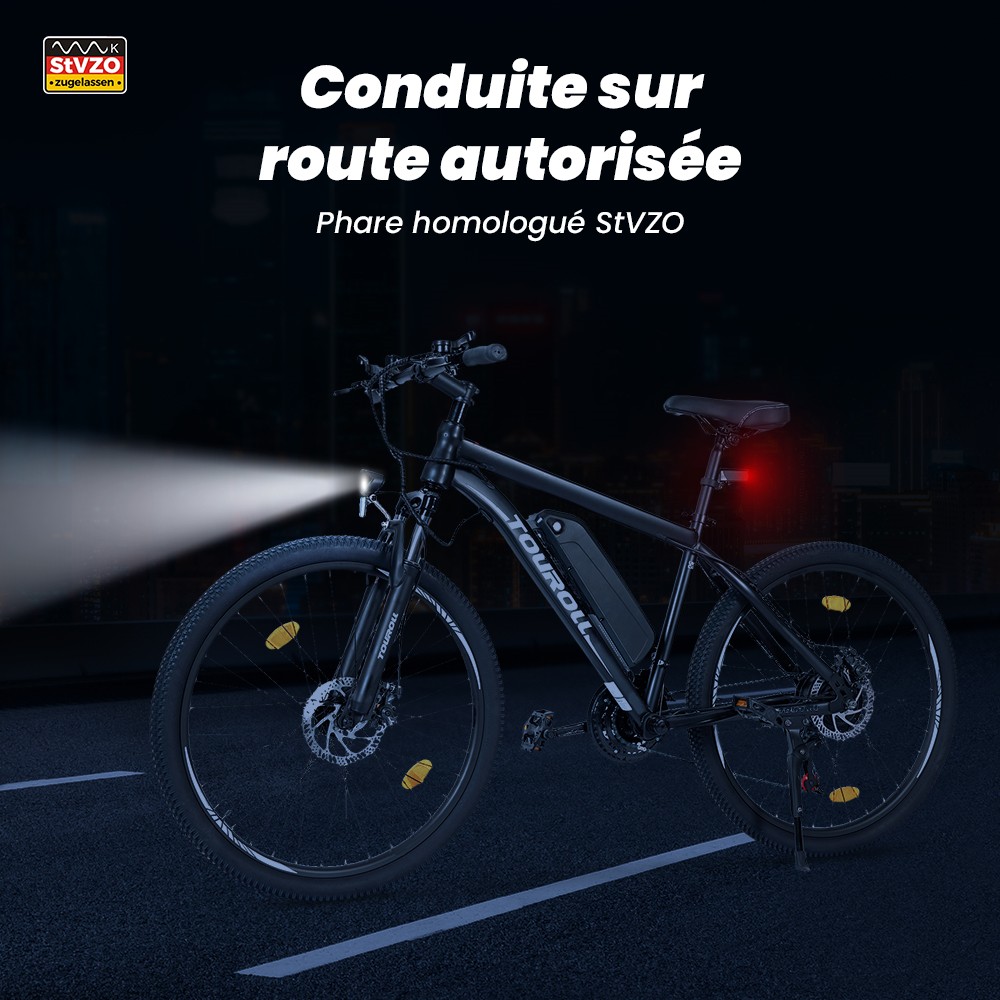 Touroll U1 Vélo électrique, 29 VTT, avec moteur 250W, batterie lithium-ion amovible 13Ah, distance de déplacement maximale de 65KM, pneus tout-terrain 29x2.25'' CST, vitesses Shimano 21 vitesses