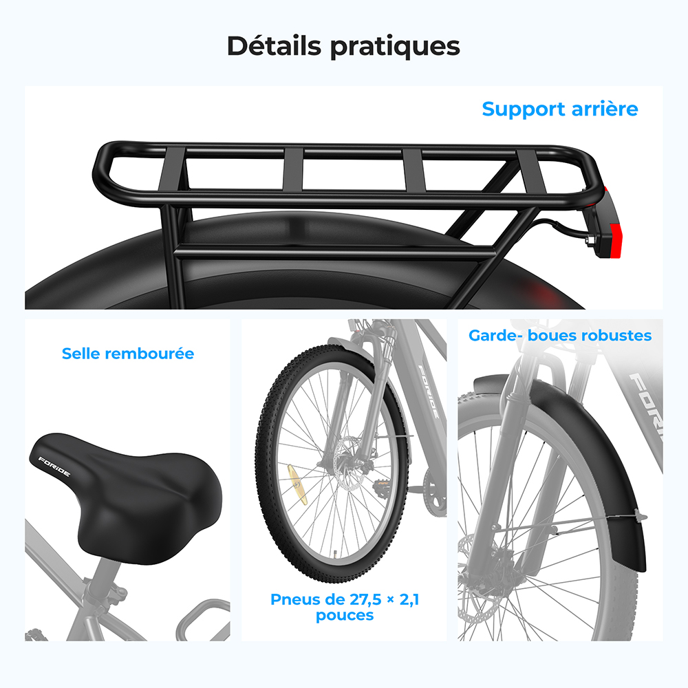 Foride Roamer 1 Vélo électrique à enjambement, moteur 250 W, batterie 36 V 13 Ah, pneus 27,5 pouces, vitesse maximale 25 km/h, autonomie maximale 100 km, frein à disque, suspension avec blocage, transmission Shimano 7 vitesses