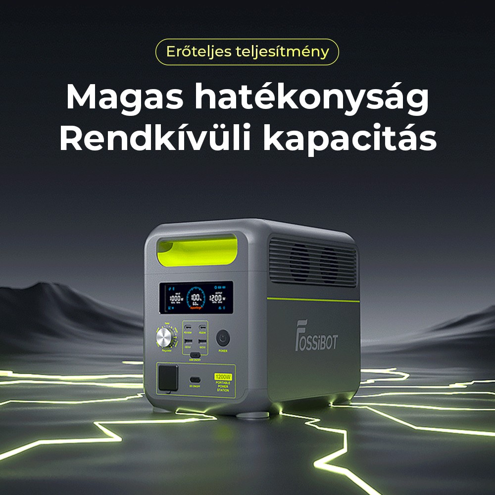 FOSSiBOT F1200 Hordozható Erőmű, 1024 Wh Kapacitás, 1200 W Névleges Teljesítmény, 3 LED Világítási Mód, 7 Kimeneti Port, BMS Védelem, <10 ms Átkapcsolás, 5 Fokozatú Bemeneti Szabályozó, EV Minőségű LiFePO4 Akkumulátor, 4000+ Ciklusidő