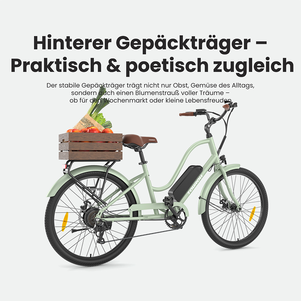 Touroll B2 Elektrofahrrad, 250 W Motor, 36 V 15,6 Ah Akku, 26 x 2,25 Zoll Reifen, 25 km/h Höchstgeschwindigkeit, 100 km Reichweite, Scheibenbremse und E-Bremse, Shimano 7-Gang-Getriebe, LED-Display