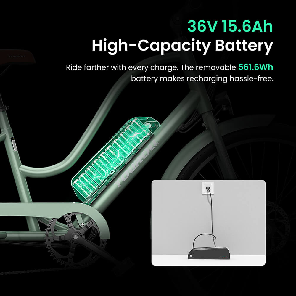 Touroll B2 Electric Bike, 250W Motor, 36V 15.6Ah Battery, 26*2.25 inch Tires, 25km/h Max Speed, 100km Range, Disc Brake & E-Brake, Shimano 7-speed, LED Display