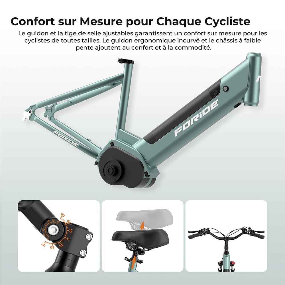 Foride Urbano 1 Vélo électrique, moteur central 250 W, batterie 36 V 13 Ah, pneus 26 pouces, vitesse maximale 25 km/h, autonomie 110 km, freins à disque hydrauliques, fourche à suspension avec blocage, transmission Shimano 7 vitesses