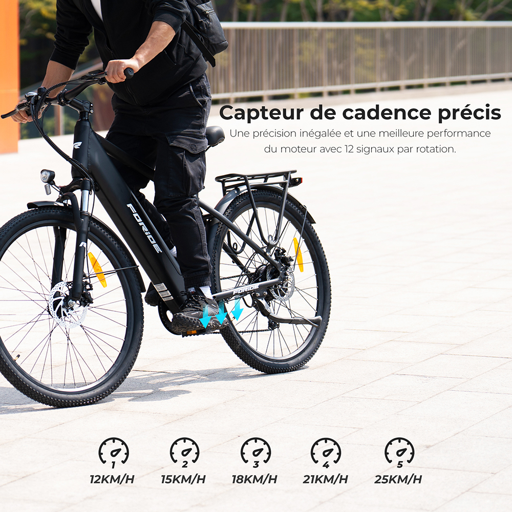Foride Roamer 1 Vélo électrique à enjambement, moteur 250 W, batterie 36 V 13 Ah, pneus 27,5 pouces, vitesse maximale 25 km/h, autonomie maximale 100 km, frein à disque, suspension avec blocage, transmission Shimano 7 vitesses