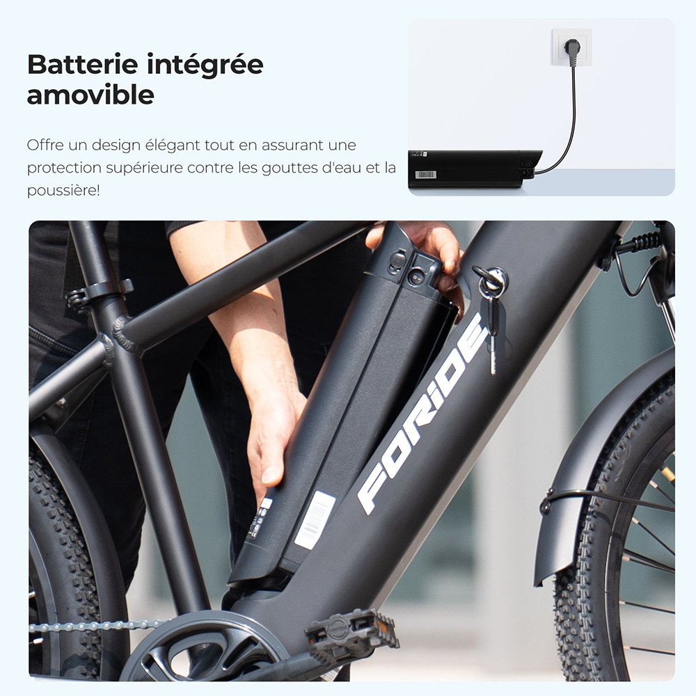 Foride Roamer 1 Vélo électrique à enjambement, moteur 250 W, batterie 36 V 13 Ah, pneus 27,5 pouces, vitesse maximale 25 km/h, autonomie maximale 100 km, frein à disque, suspension avec blocage, transmission Shimano 7 vitesses