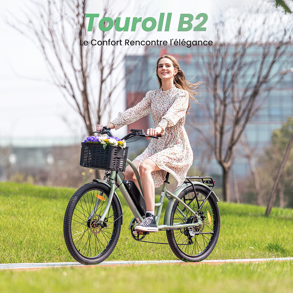 Touroll B2 Vélo électrique, moteur 250 W, batterie 36 V 15,6 Ah, pneus 26 x 2,25 pouces, vitesse maximale 25 km/h, autonomie 100 km, frein à disque et frein électrique, Shimano 7 vitesses, écran LED