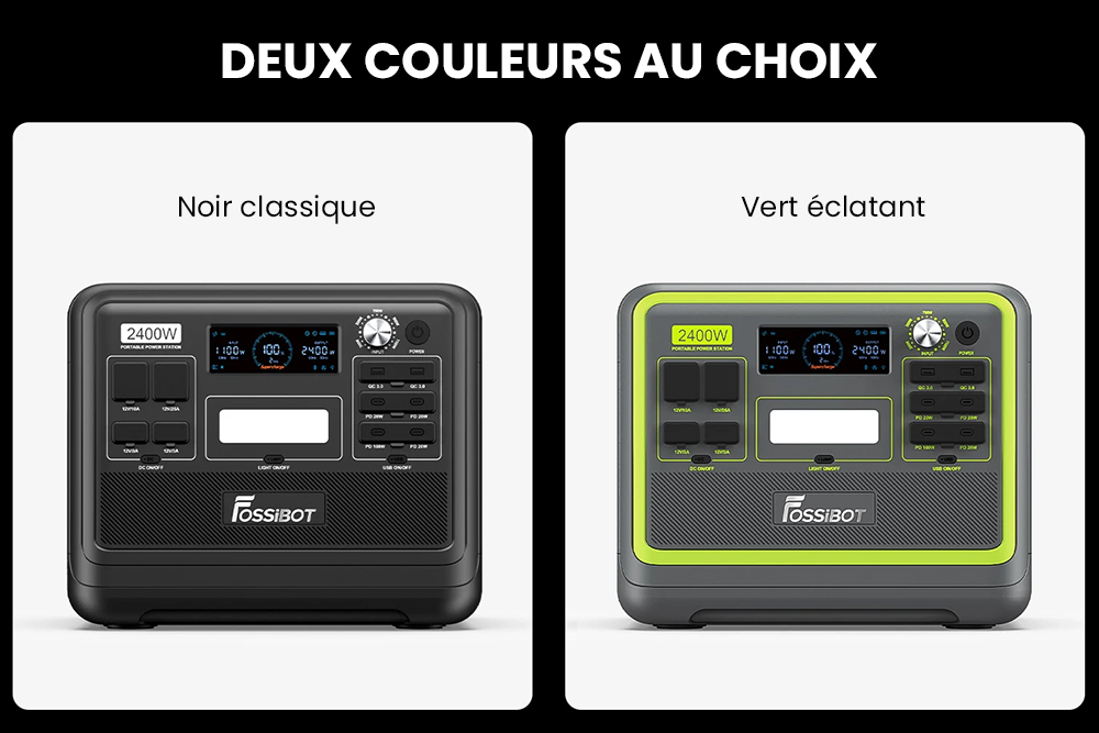 Centrale électrique portable FOSSiBOT F2400, batterie LiFePO4 2048 Wh, générateur solaire de sortie 2400 W, 3 prises AC RV Car USB Type-C QC3.0 PD DC5521 à onde sinusoïdale pure, charge rapide en 1,5 heure, bouton de réglage de la puissance d'entrée, onduleur bidirectionnel - Vert