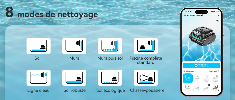 Aspirateur robot de piscine sans fil WYBOT C2 Vision, détection de débris avec caméra AI, nettoyage principal 8 en 1, filtration à deux couches, moteurs sans balais pour une aspiration puissante, pour piscines jusqu'à 1940 pieds carrés, noir vert