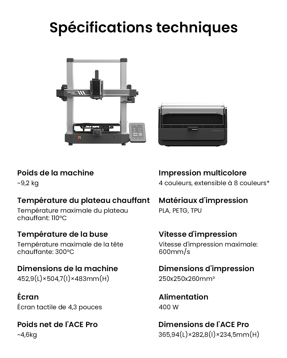 Imprimante 3D ANYCUBIC KOBRA 3 COMBO, avec ACE Pro, vitesse maximale de 600 mm/s, double système de chauffage PTC, impression multicolore intelligente, mise à niveau automatique, détection de colmatage des buses, taille extensible 250 x 250 x 260 mm
