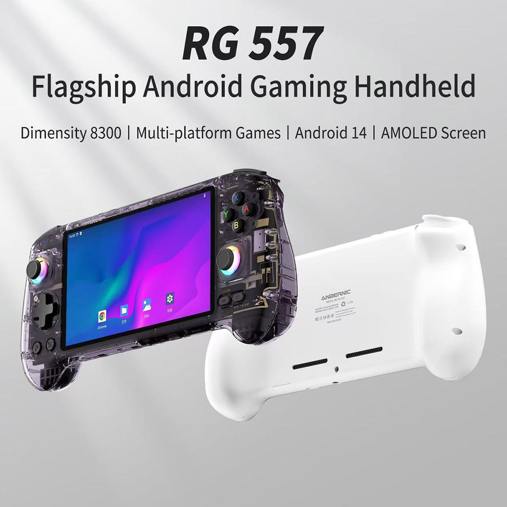 Refurbished ANBERNIC RG557 Game Console, Android 14, 12GB LPDDR5X/256GB UFS4.0, 5.48' AMOLED Display, WIFI 6E, Bluetooth 5.3, 8 Hours of Playtime, Emulate PS2 - Transparent Purple