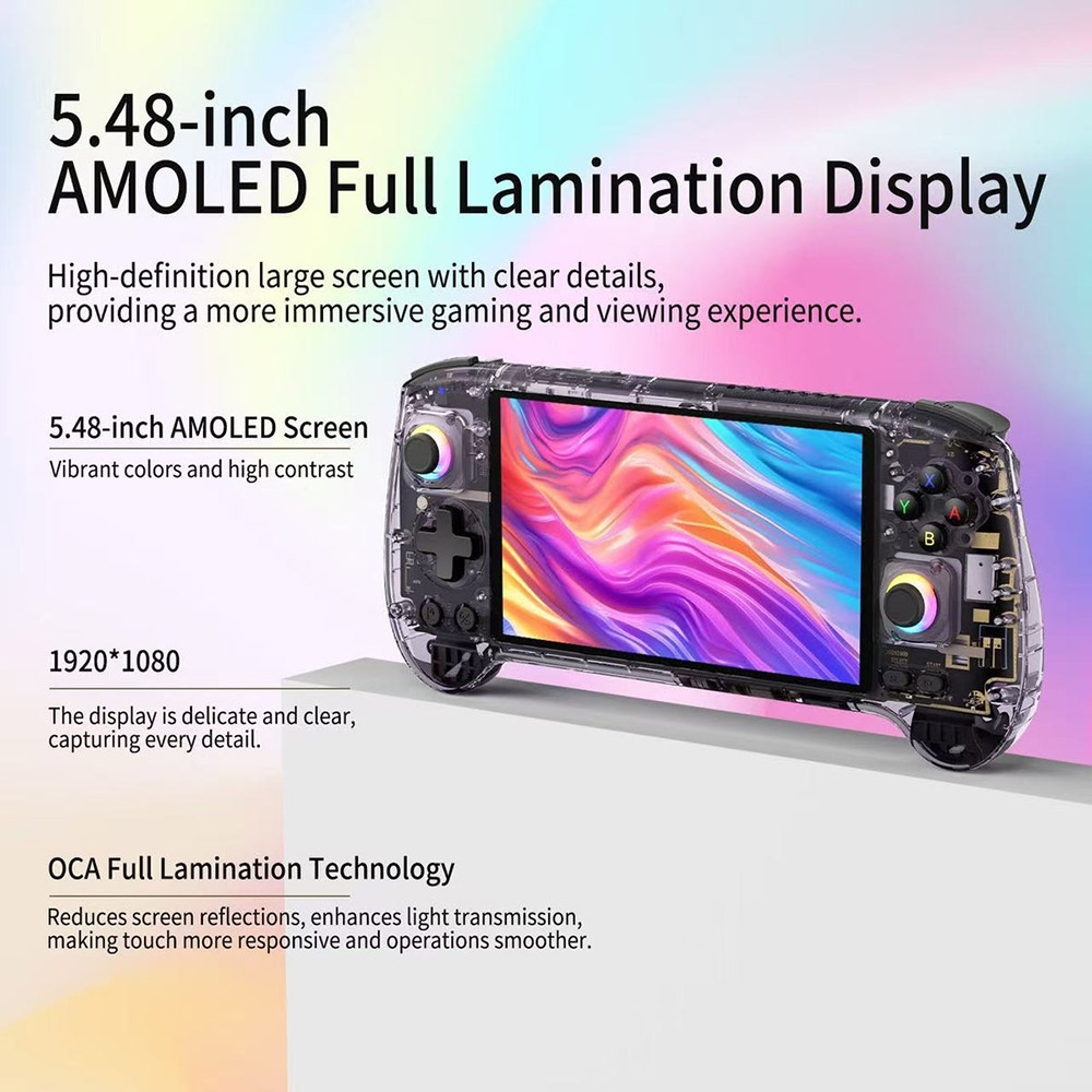 Refurbished ANBERNIC RG557 Game Console, Android 14, 12GB LPDDR5X/256GB UFS4.0, 5.48' AMOLED Display, WIFI 6E, Bluetooth 5.3, 8 Hours of Playtime, Emulate PS2 - Transparent Purple