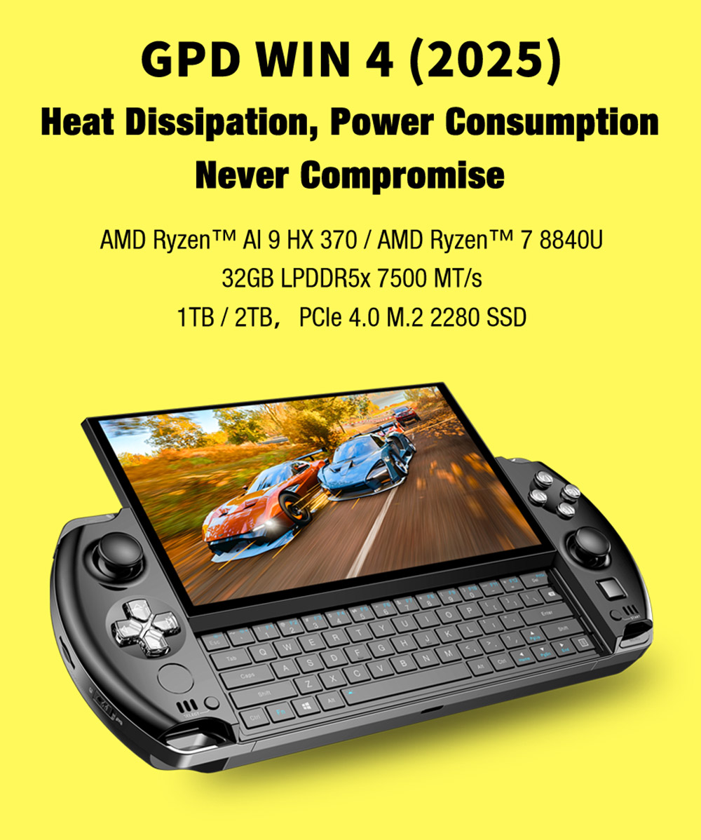 Refurbished GPD WIN 4 (2025) Handheld Game Laptop, AMD Ryzen AI 9 HX 370 12 Cores Max 5.1GHz, 32GB RAM 2TB SSD, WiFi 6E Bluetooth 5.3, 1*Full-featured USB 3.2 Type-C, 1*Charging Only USB 3.2 Type-C, 1*Oculink, 3*USB 3.2, 1*HDMI 2.0, 1*RJ45 - EU Plug