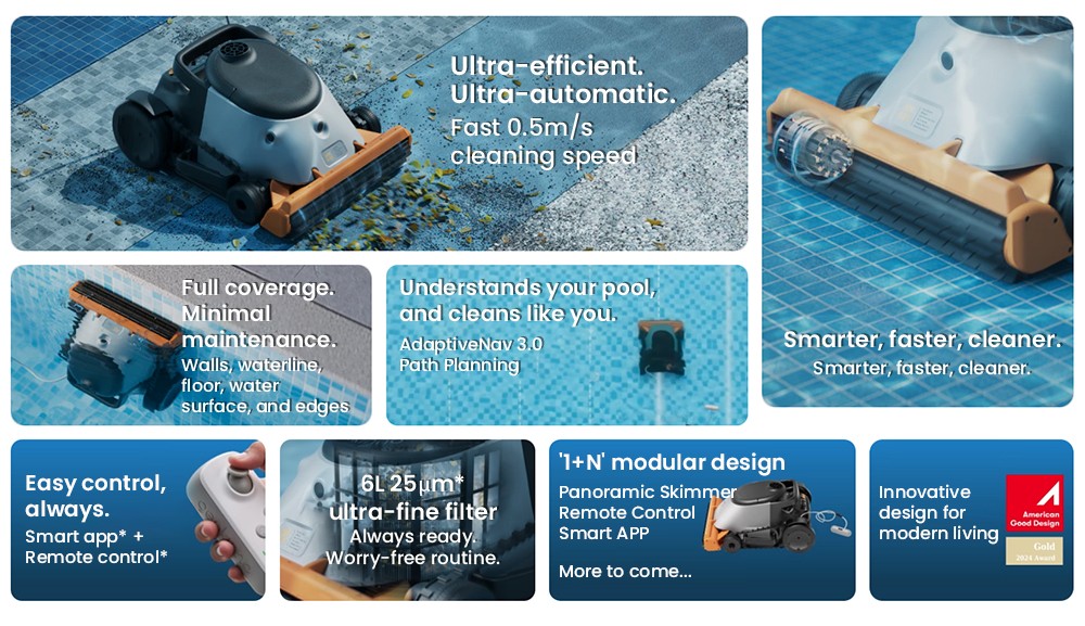 Aspirateur robot sans fil Genkinno ACE 600, nettoyage rapide en 30 minutes, application intelligente, autonomie de 6 heures, stationnement automatique, nettoyage des parois, du sol et de la ligne de flottaison, filtre ultra-fin, pour tous types de piscines