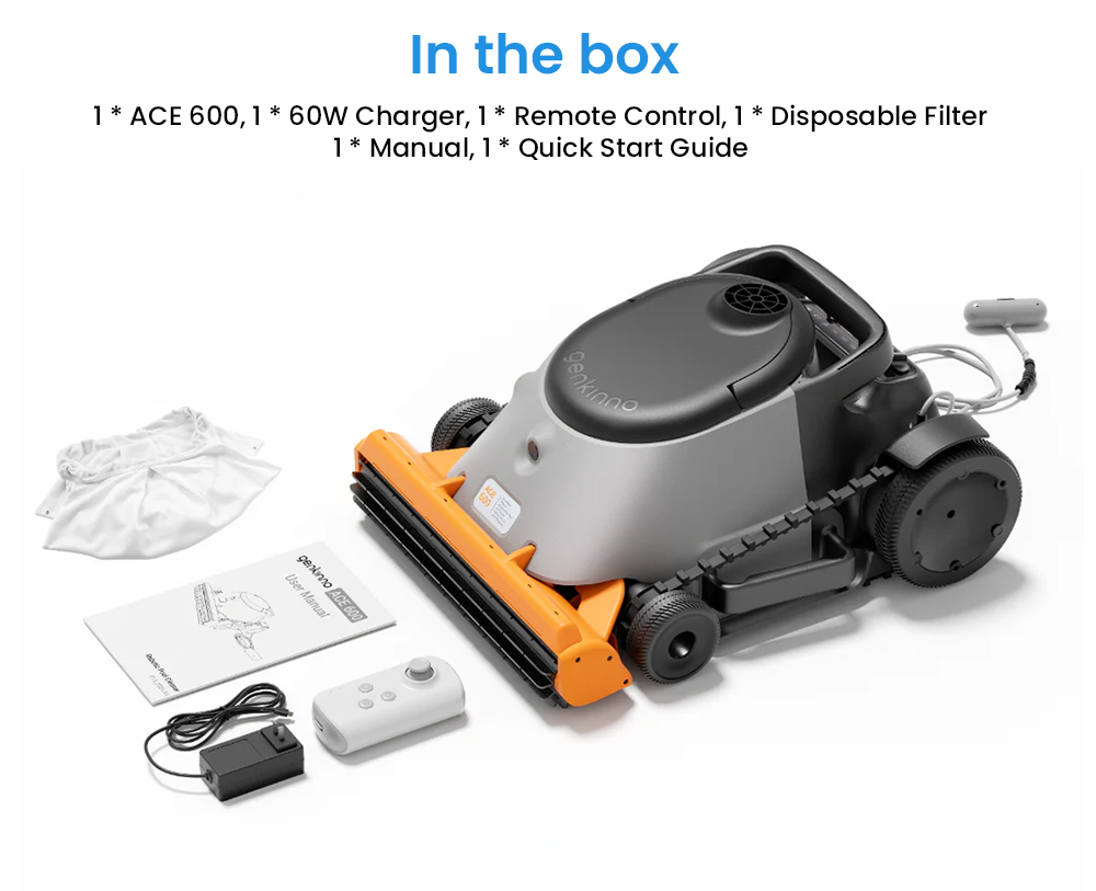 Aspirateur robot sans fil Genkinno ACE 600, nettoyage rapide en 30 minutes, application intelligente, autonomie de 6 heures, stationnement automatique, nettoyage des parois, du sol et de la ligne de flottaison, filtre ultra-fin, pour tous types de piscines
