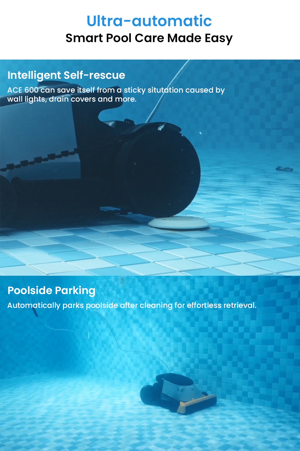 Aspirateur robot sans fil Genkinno ACE 600, nettoyage rapide en 30 minutes, application intelligente, autonomie de 6 heures, stationnement automatique, nettoyage des parois, du sol et de la ligne de flottaison, filtre ultra-fin, pour tous types de piscines