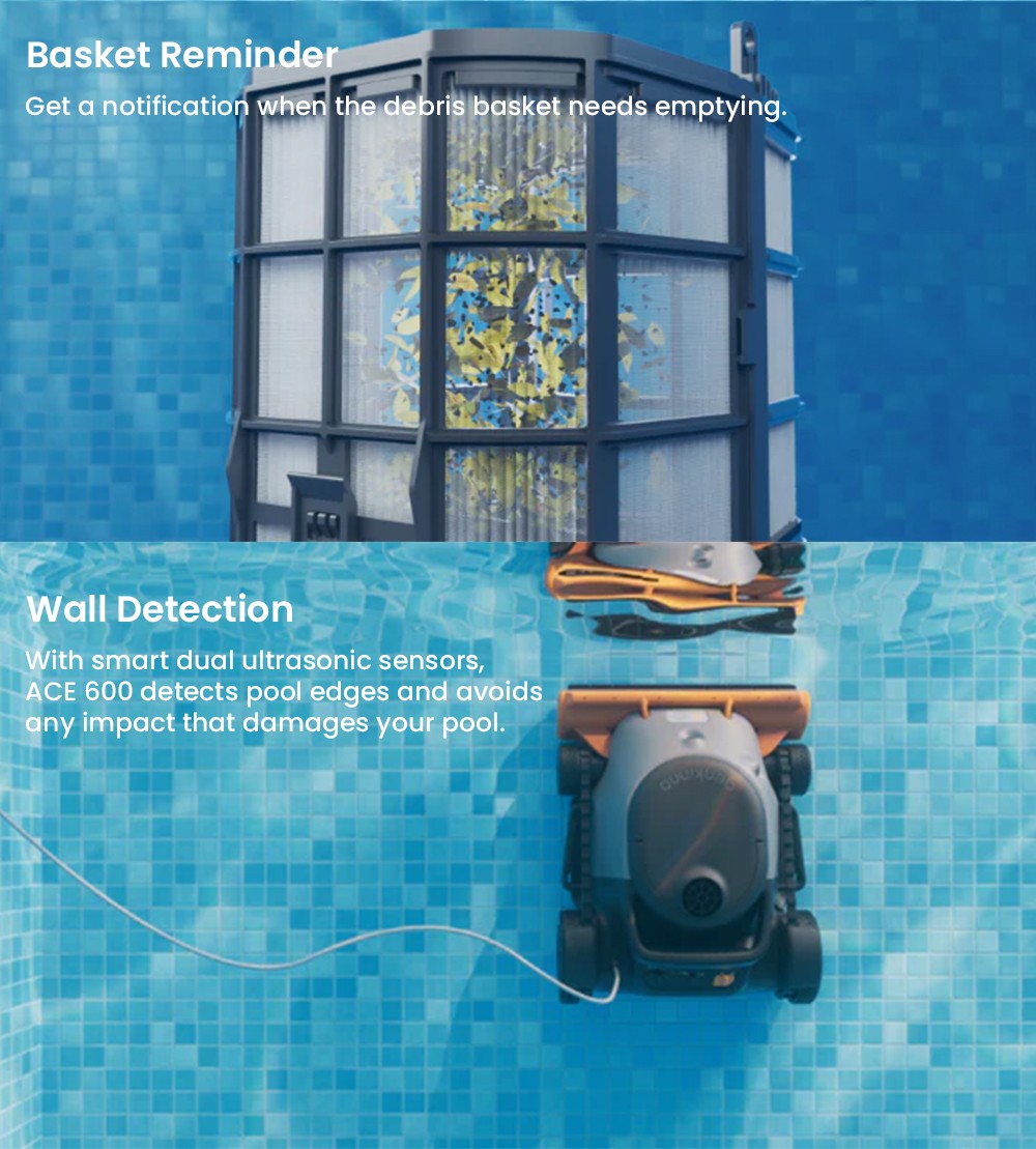 Aspirateur robot sans fil Genkinno ACE 600, nettoyage rapide en 30 minutes, application intelligente, autonomie de 6 heures, stationnement automatique, nettoyage des parois, du sol et de la ligne de flottaison, filtre ultra-fin, pour tous types de piscines